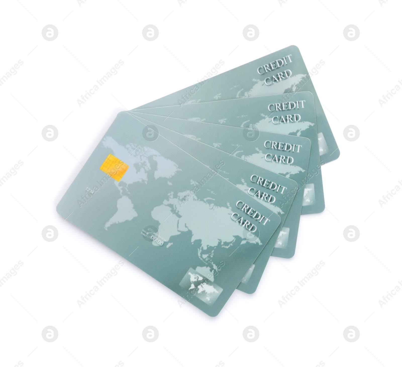 Photo of Grey plastic credit cards on white background