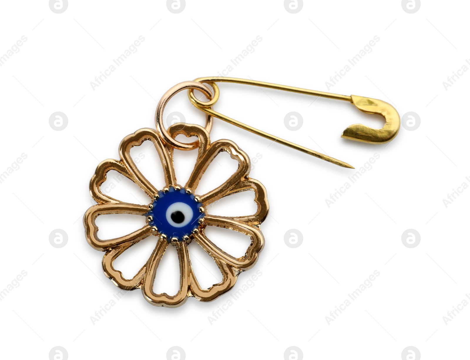 Photo of Evil eye safety pin on white background, top view