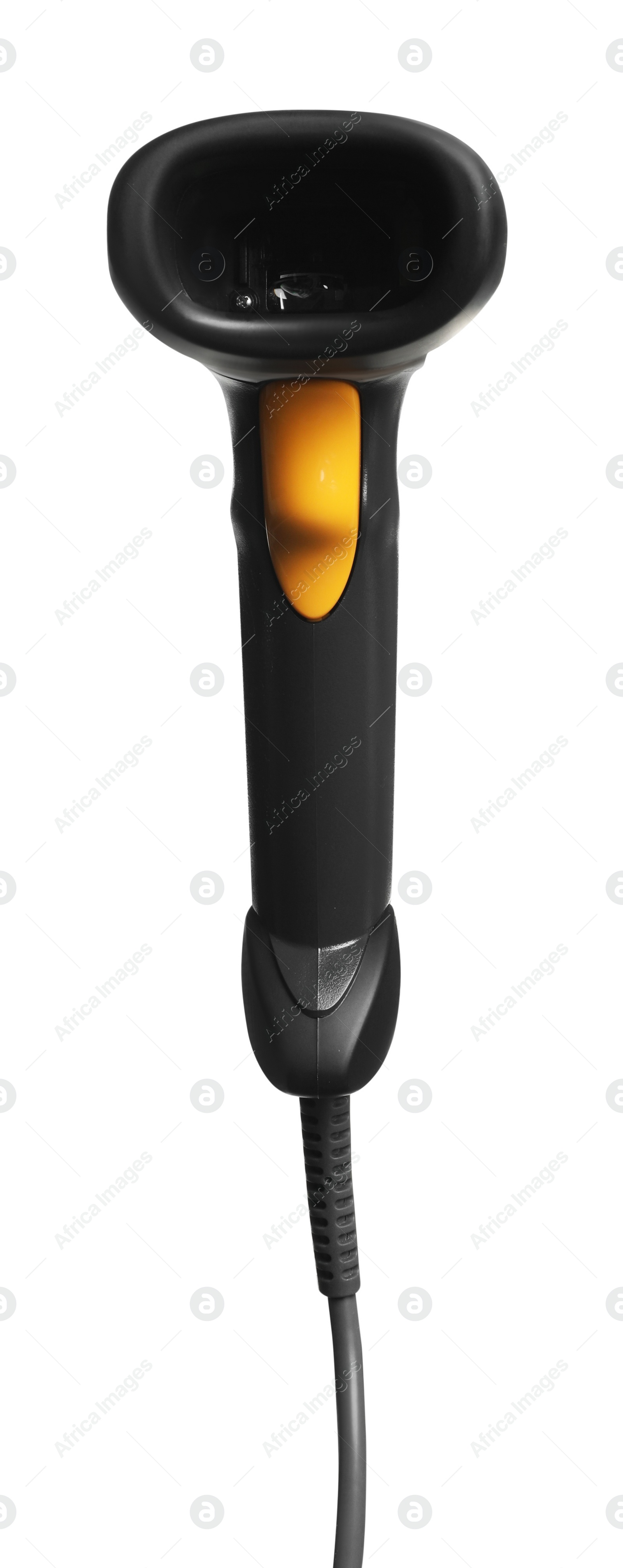 Photo of Black modern barcode scanner isolated on white
