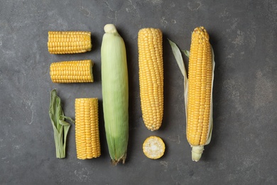 Corn cobs on grey table, flat lay