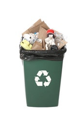 Trash bin with garbage on white background. Waste recycling