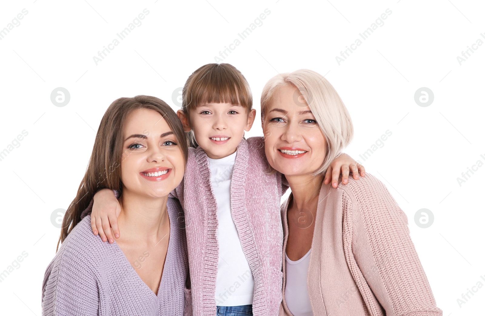 Photo of Portrait of beautiful mature woman with daughter and grandchild on white background