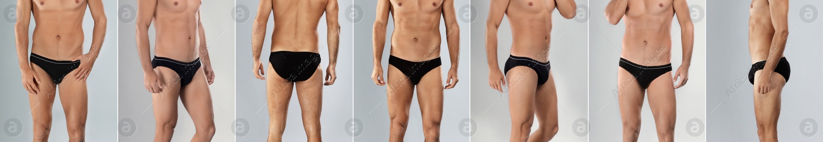 Image of Collage with photos of man wearing underwear on light grey background, closeup. Banner design