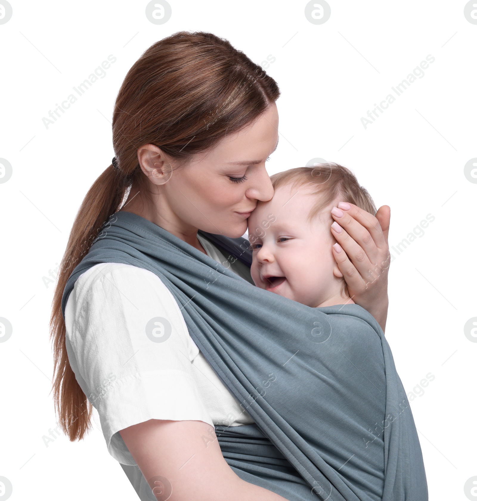 Photo of Mother holding her child in baby wrap on white background