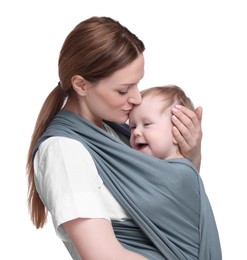 Mother holding her child in baby wrap on white background