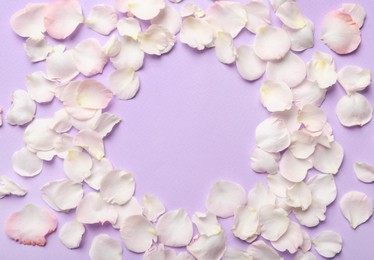 Photo of Frame of beautiful petals on lilac background, flat lay. Space for text
