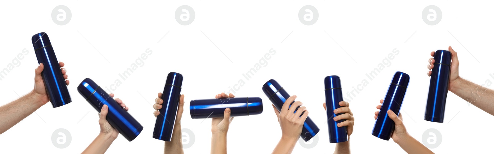 Image of People holding blue thermoses, collage of photos on white background. Banner design 