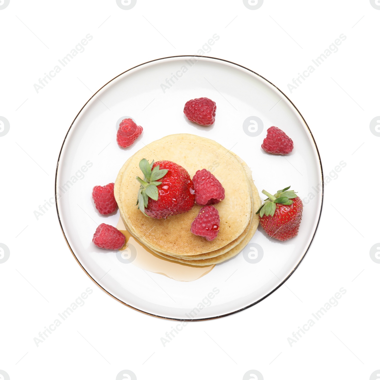 Photo of Tasty pancakes with fresh berries and honey on white background, top view