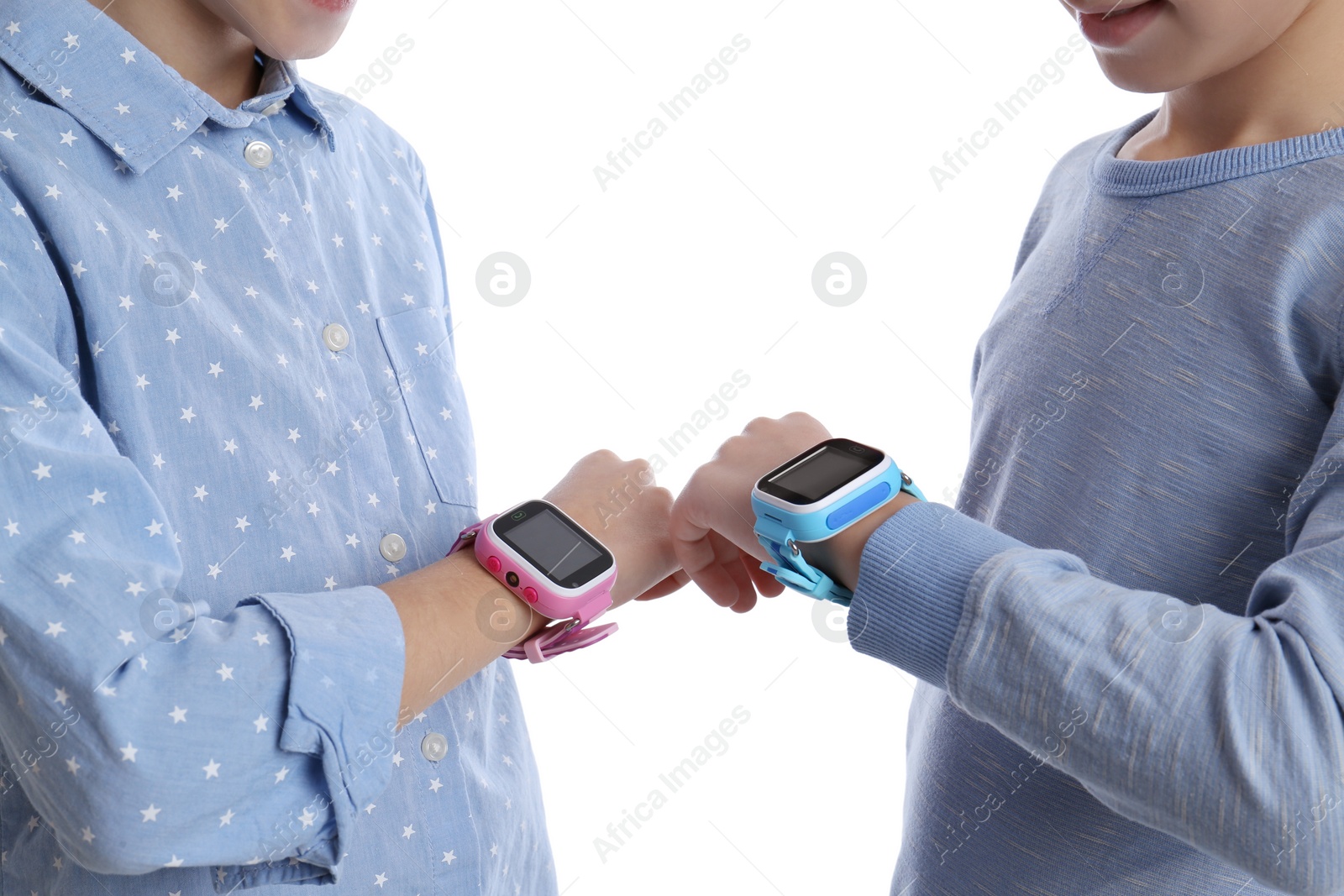 Photo of Children with stylish smart watches on white background, closeup