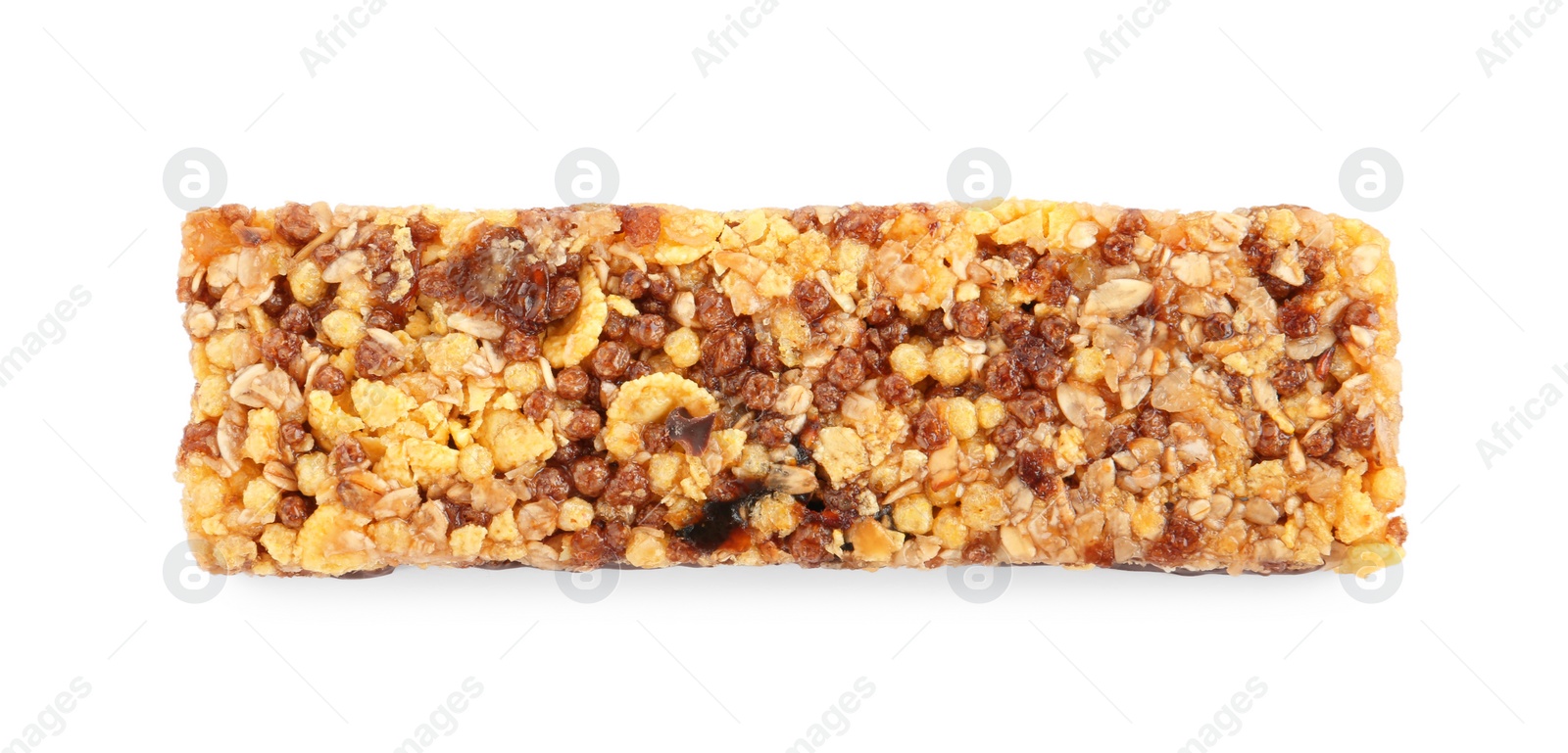 Photo of Crunchy granola bar isolated on white, top view. High protein snack