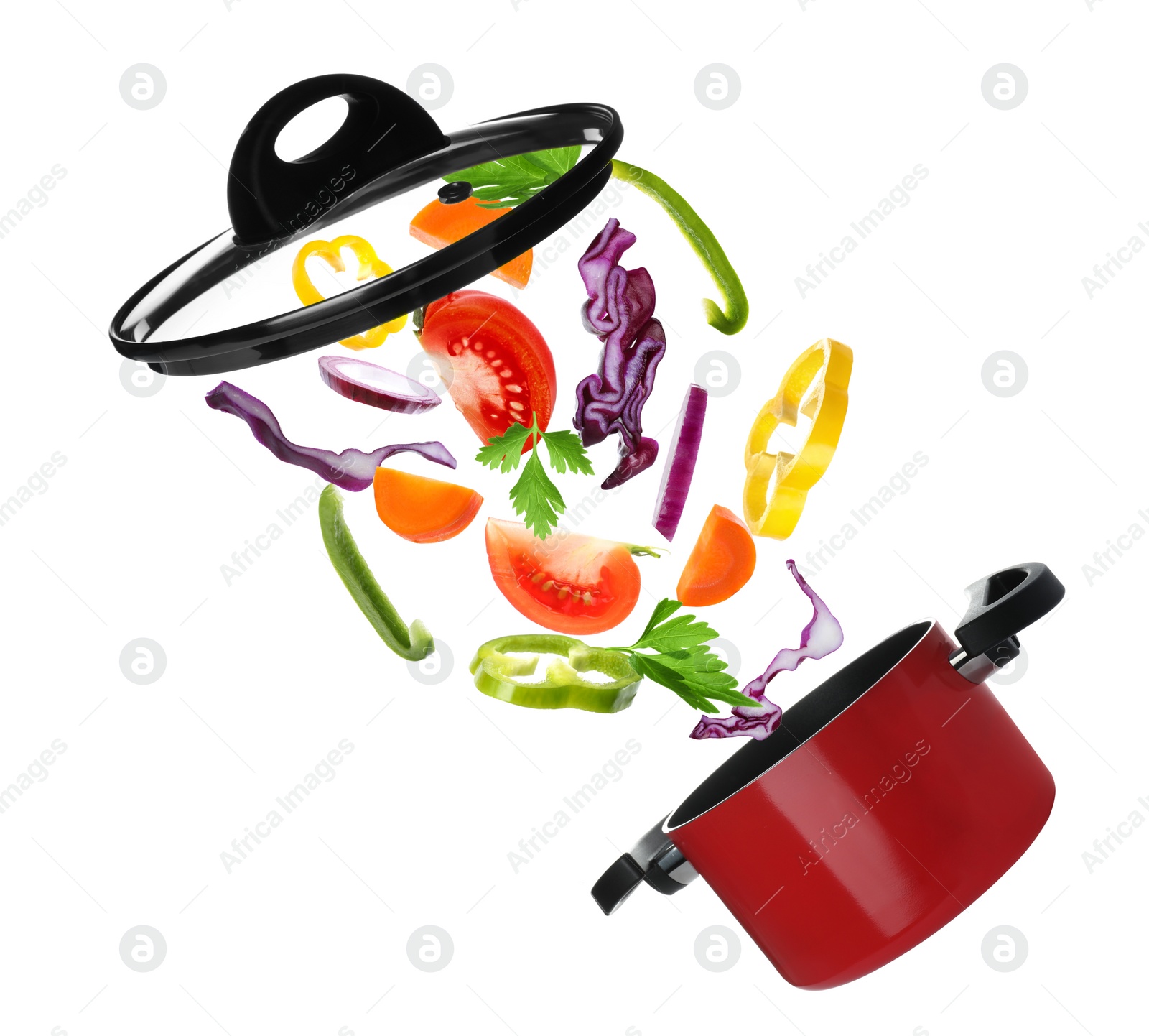 Image of Pot and fresh ingredients for soup on white background