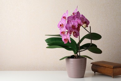 Photo of Beautiful blooming orchid and old wooden jewelry box on white table near beige wall. Space for text