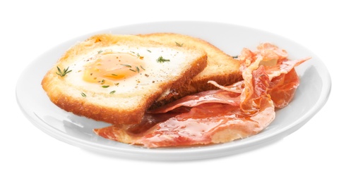 Photo of Plate with fried egg, bacon and toasts on white background