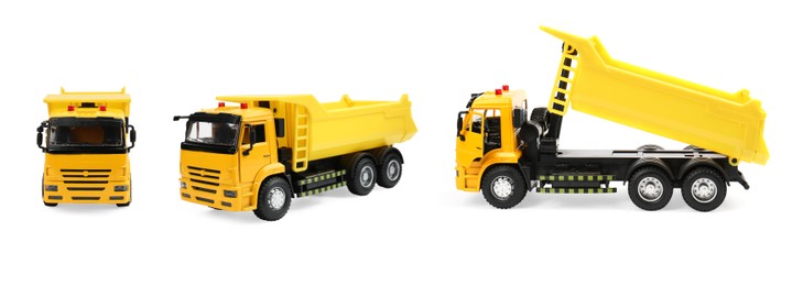 Image of Yellow truck isolated on white, different angles. Collage design with children's toy