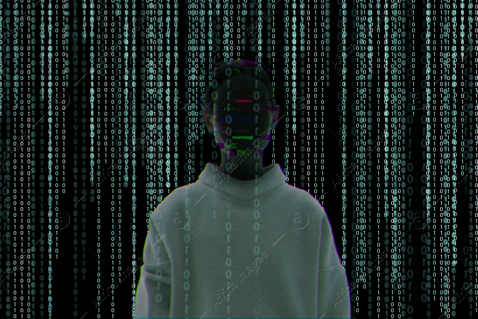 Image of Silhouette of anonymous hacker and digital binary code on dark background. Cyber attack concept