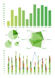 Different types of graphs on white background