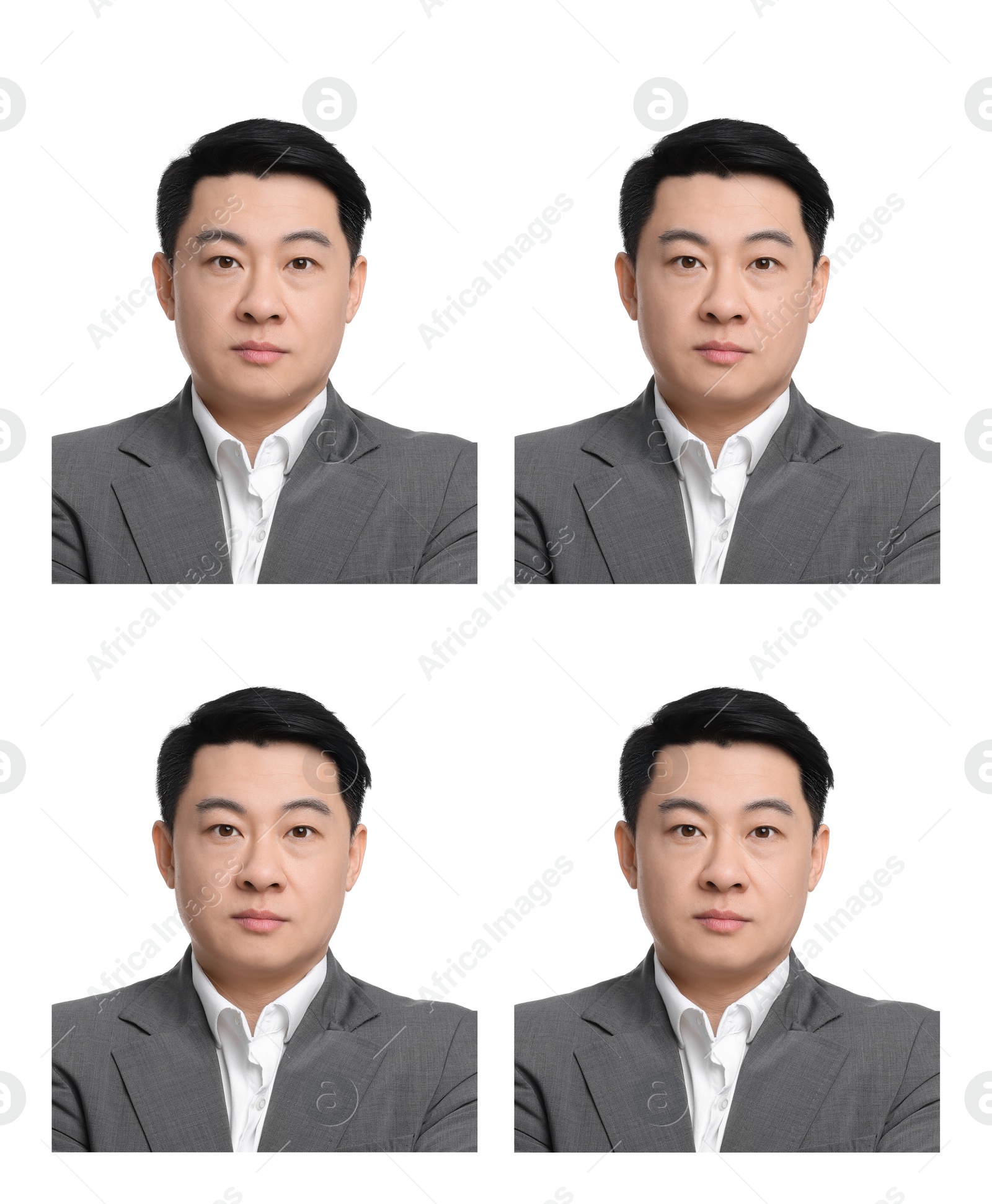 Image of Passport photo, collage. Man on white background, set of photos