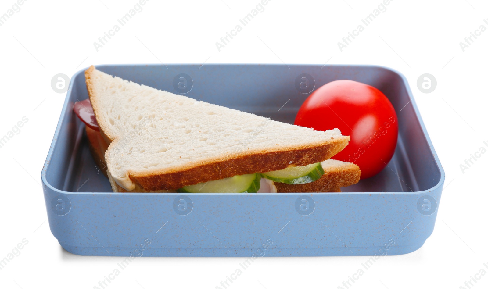 Photo of Lunch box with appetizing food on white background