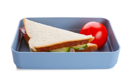 Photo of Lunch box with appetizing food on white background