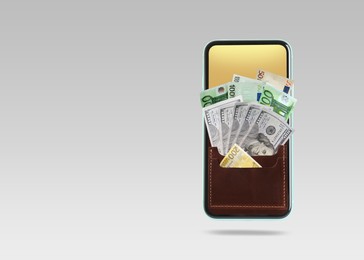 Image of Online money exchange. Mobile phone with leather wallet pocket full of dollar and euro banknotes on grey background