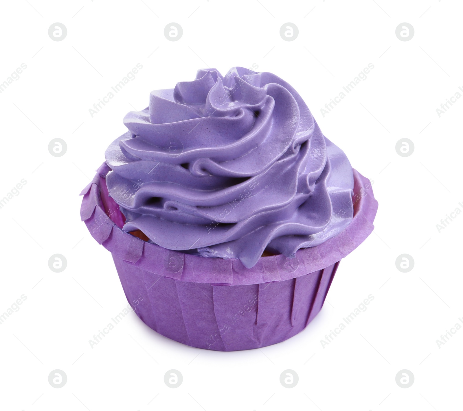 Photo of Tasty cupcake with purple cream isolated on white