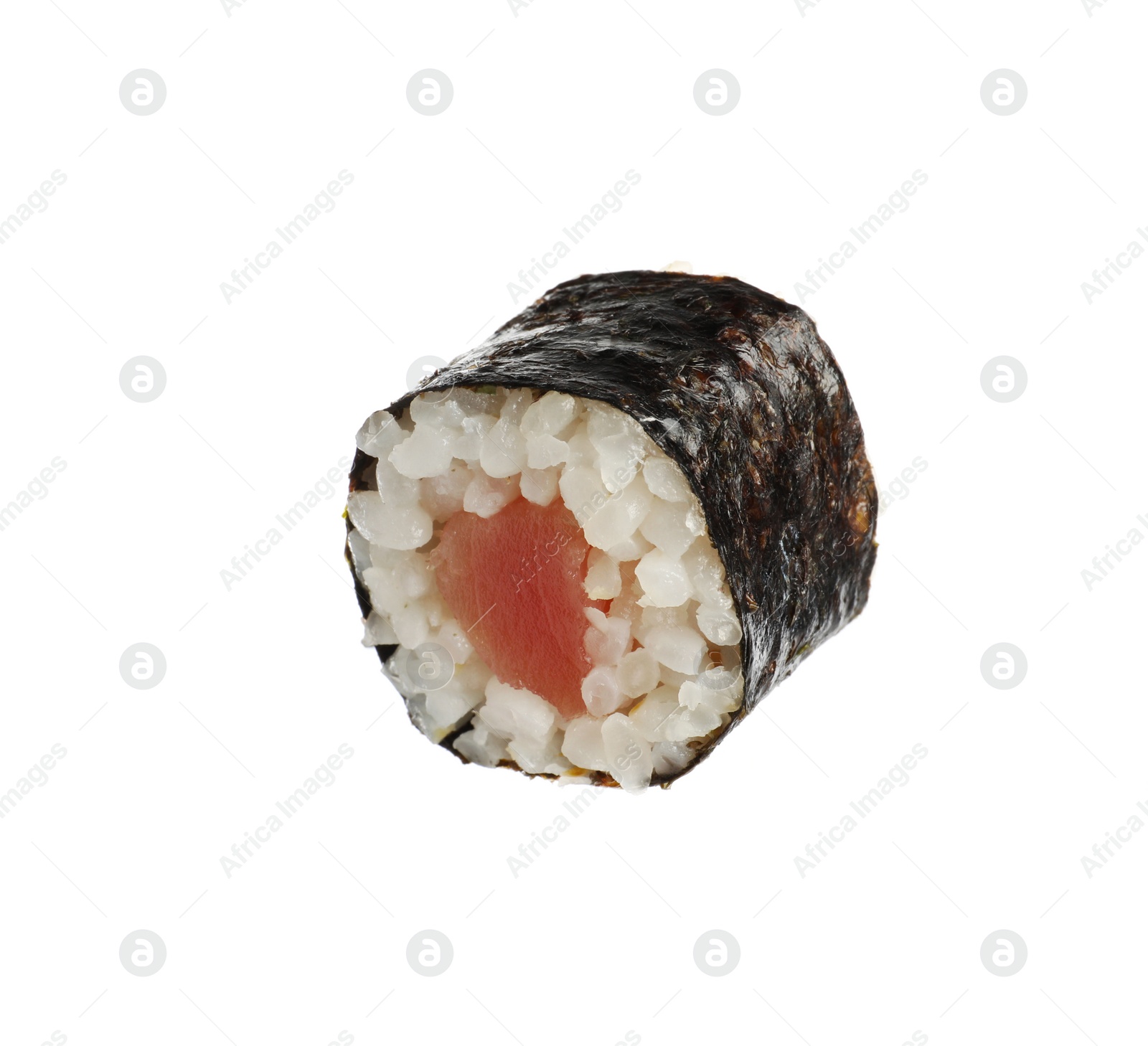 Photo of Delicious fresh sushi roll with tuna isolated on white