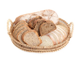 Different types of bread in wicker basket isolated on white