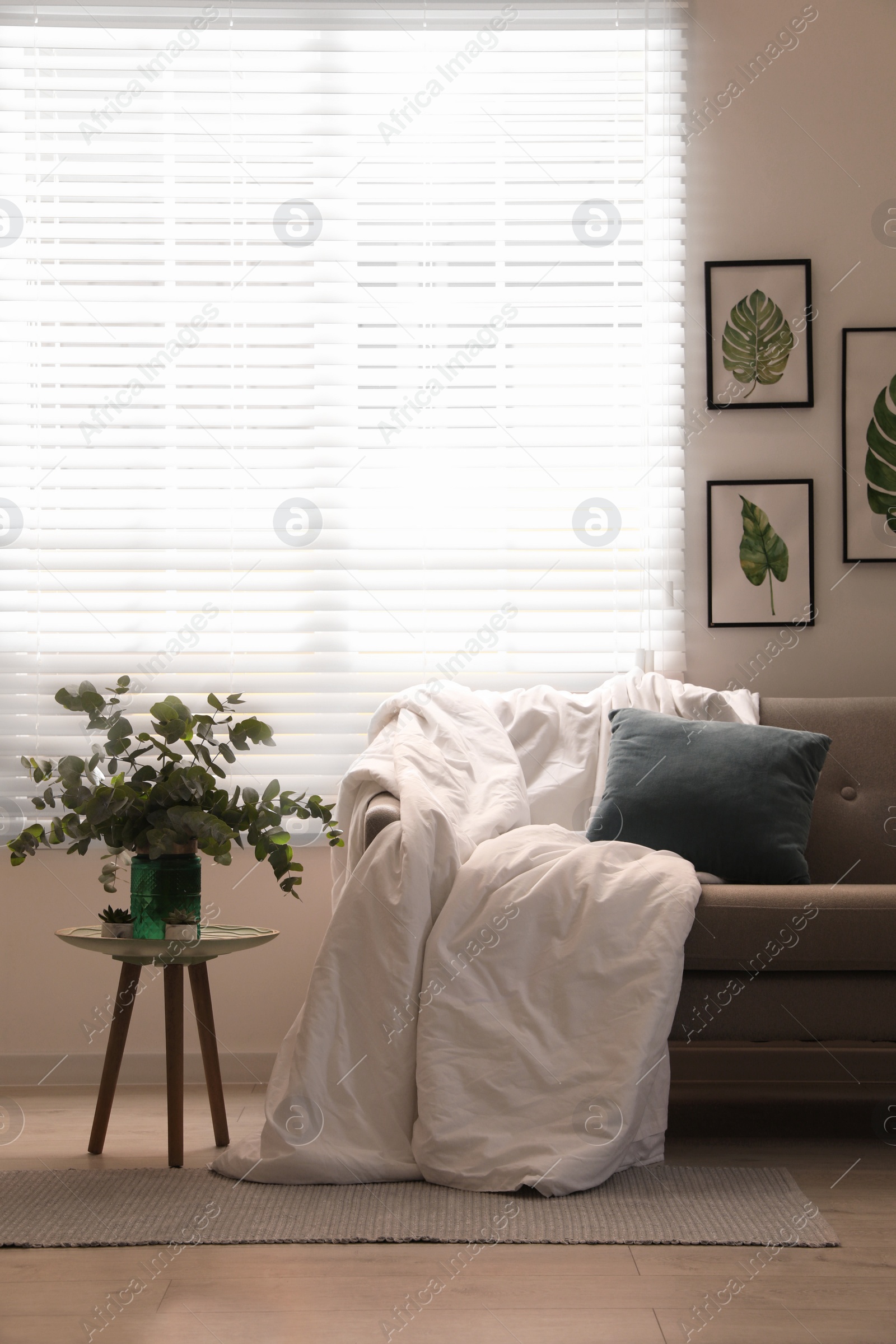 Photo of Comfortable sofa with blanket in stylish room interior