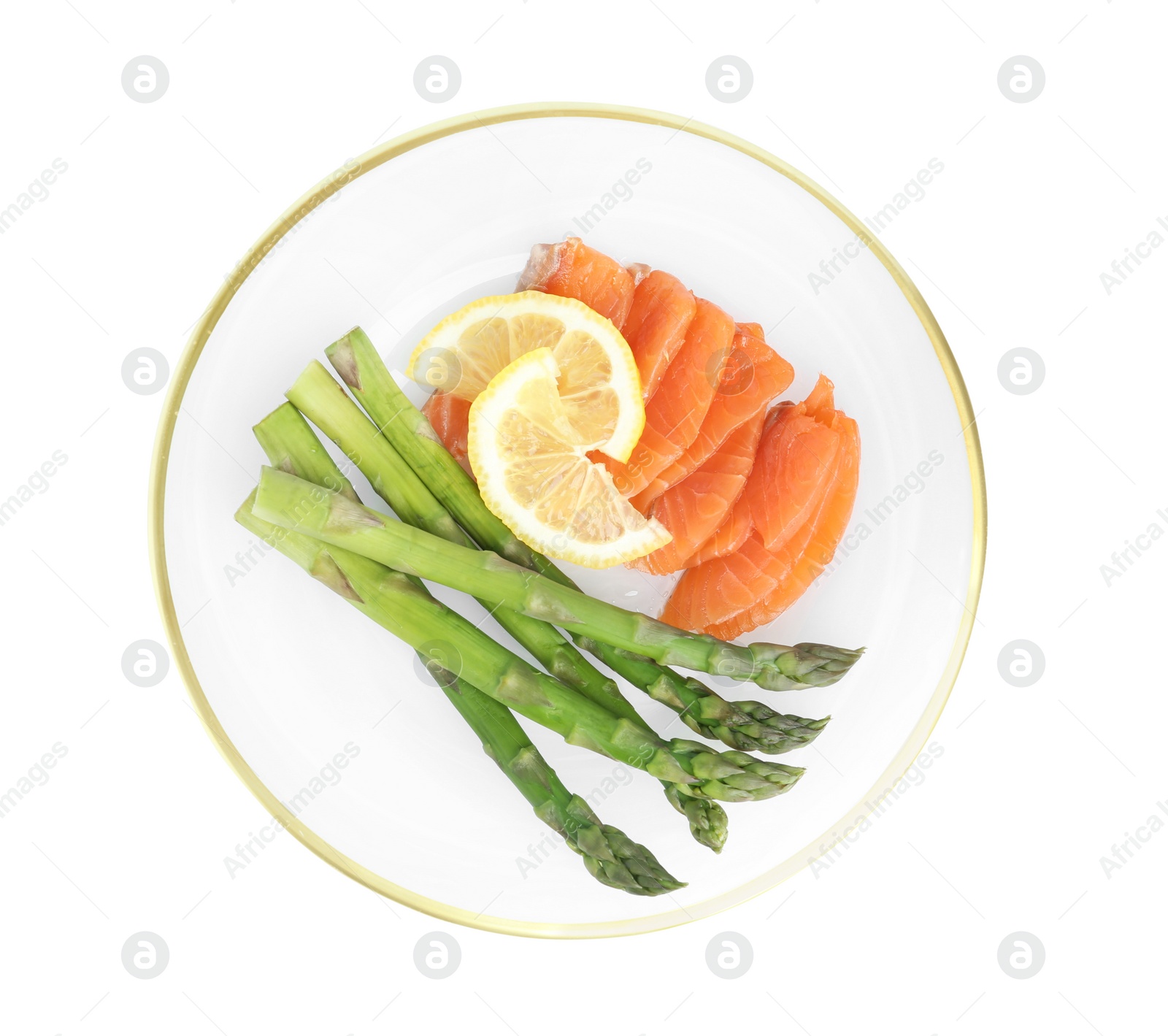 Photo of Tasty asparagus with salmon and lemon isolated on white, top view