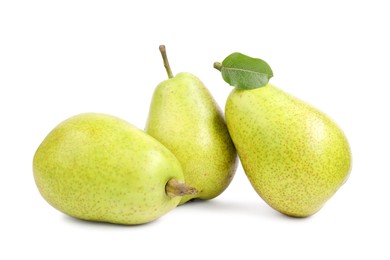 Tasty ripe pears with leaf on white background