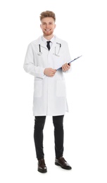 Photo of Full length portrait of medical doctor with clipboard and stethoscope isolated on white