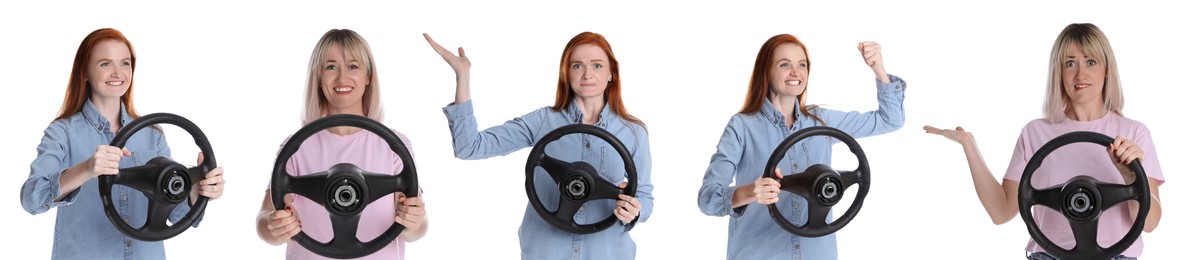 Image of Emotional women with steering wheels on white background, collage. Banner design