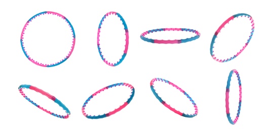 Image of Set of hula hoops isolated on white. Banner design
