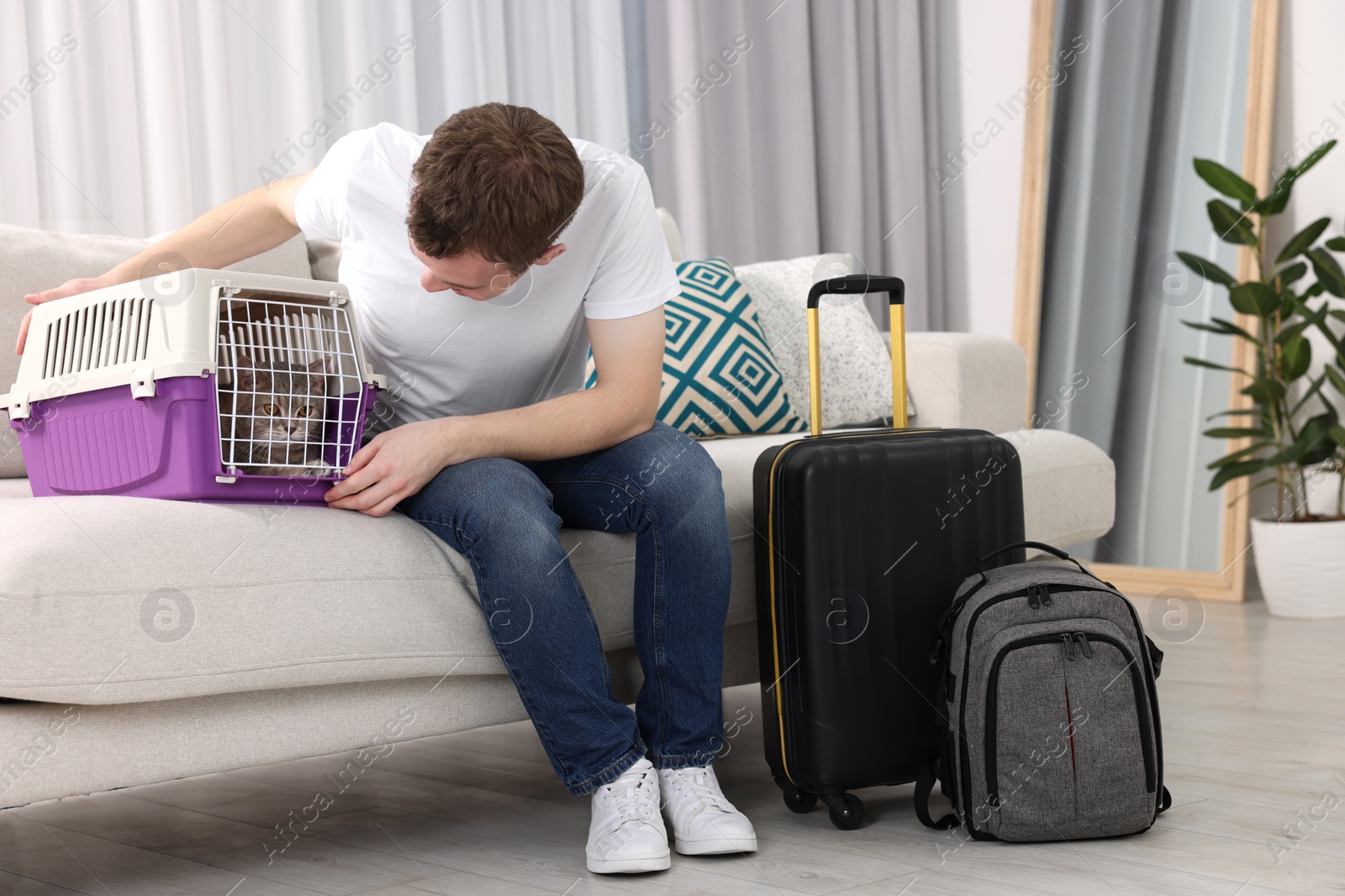 Photo of Travel with pet. Man closing carrier with cat on sofa at home