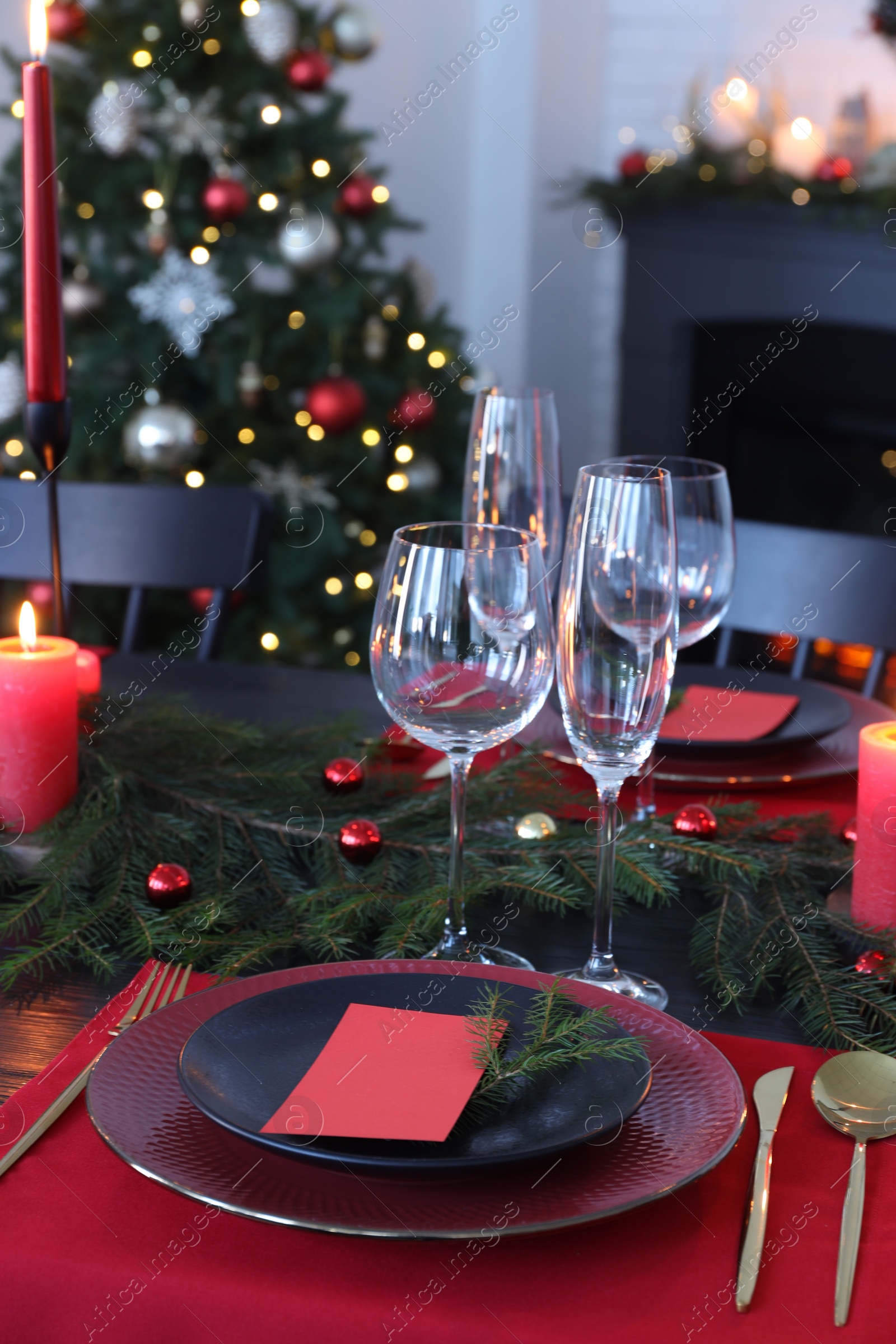 Photo of Elegant Christmas table setting with blank place cards and festive decor