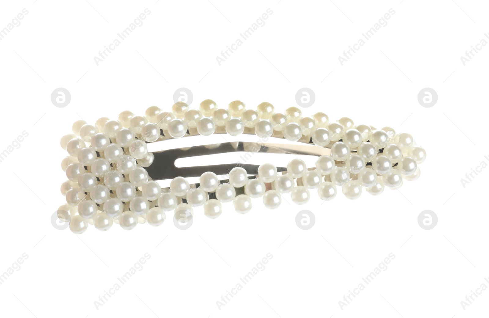 Photo of Stylish hair clip with pearls isolated on white