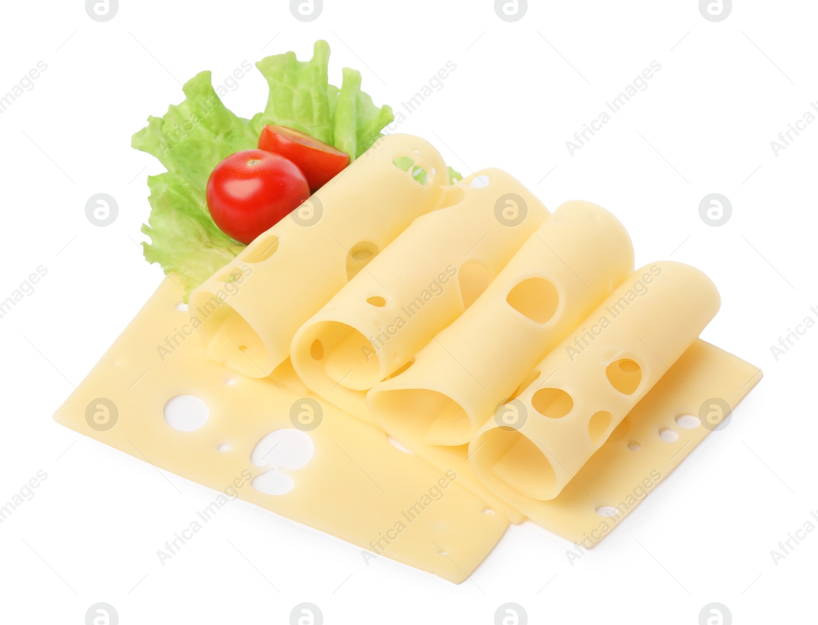 Photo of Slices of tasty fresh cheese, tomatoes and lettuce isolated on white