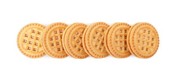 Photo of Tasty sandwich cookies with cream isolated on white, top view