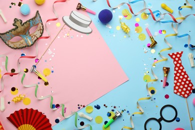 Photo of Frame of carnival items on color background, flat lay. Space for text