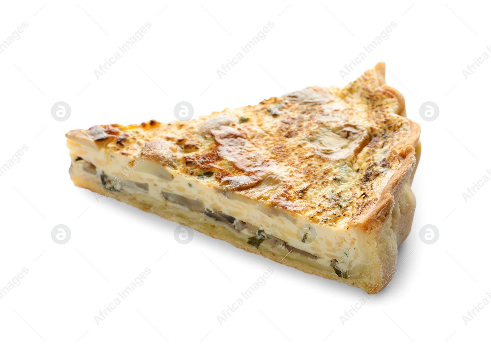 Photo of Delicious pie with mushrooms and cheese isolated on white