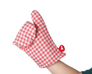 Photo of Chef in oven glove on white background, closeup