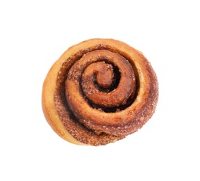 Photo of One tasty cinnamon roll isolated on white, top view