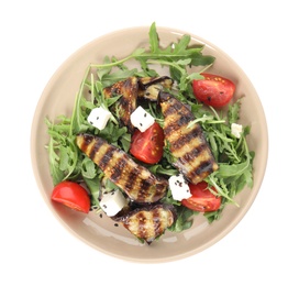 Photo of Delicious salad with roasted eggplant, feta cheese and arugula isolated on white, top view
