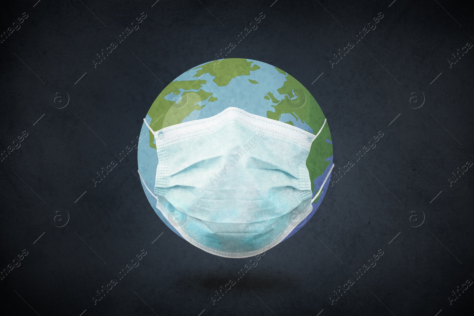 Image of Illustration of Earth with medical mask on black background. Coronavirus outbreak