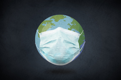 Image of Illustration of Earth with medical mask on black background. Coronavirus outbreak