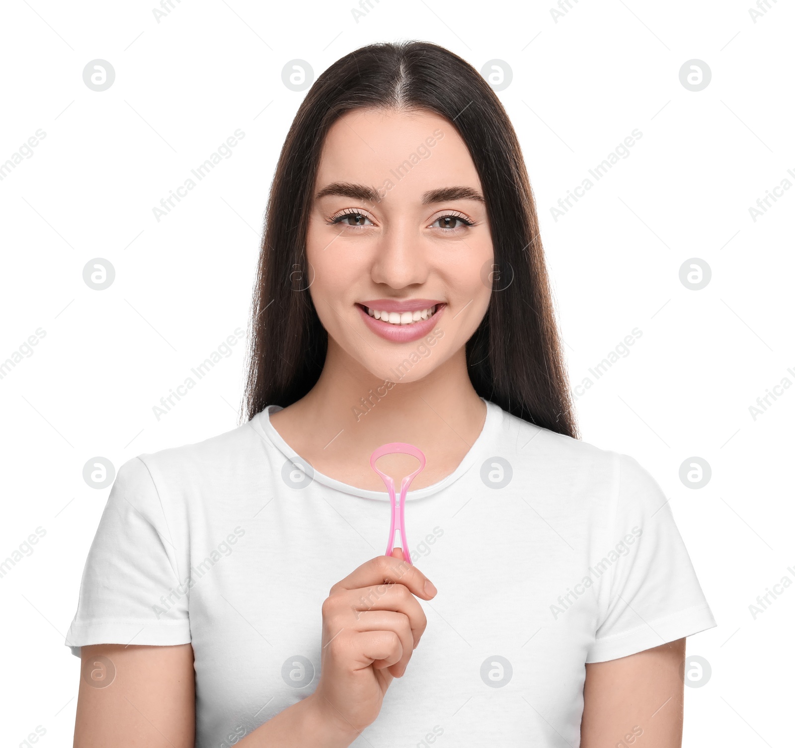 Photo of Happy woman with tongue cleaner on white background