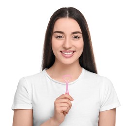 Photo of Happy woman with tongue cleaner on white background