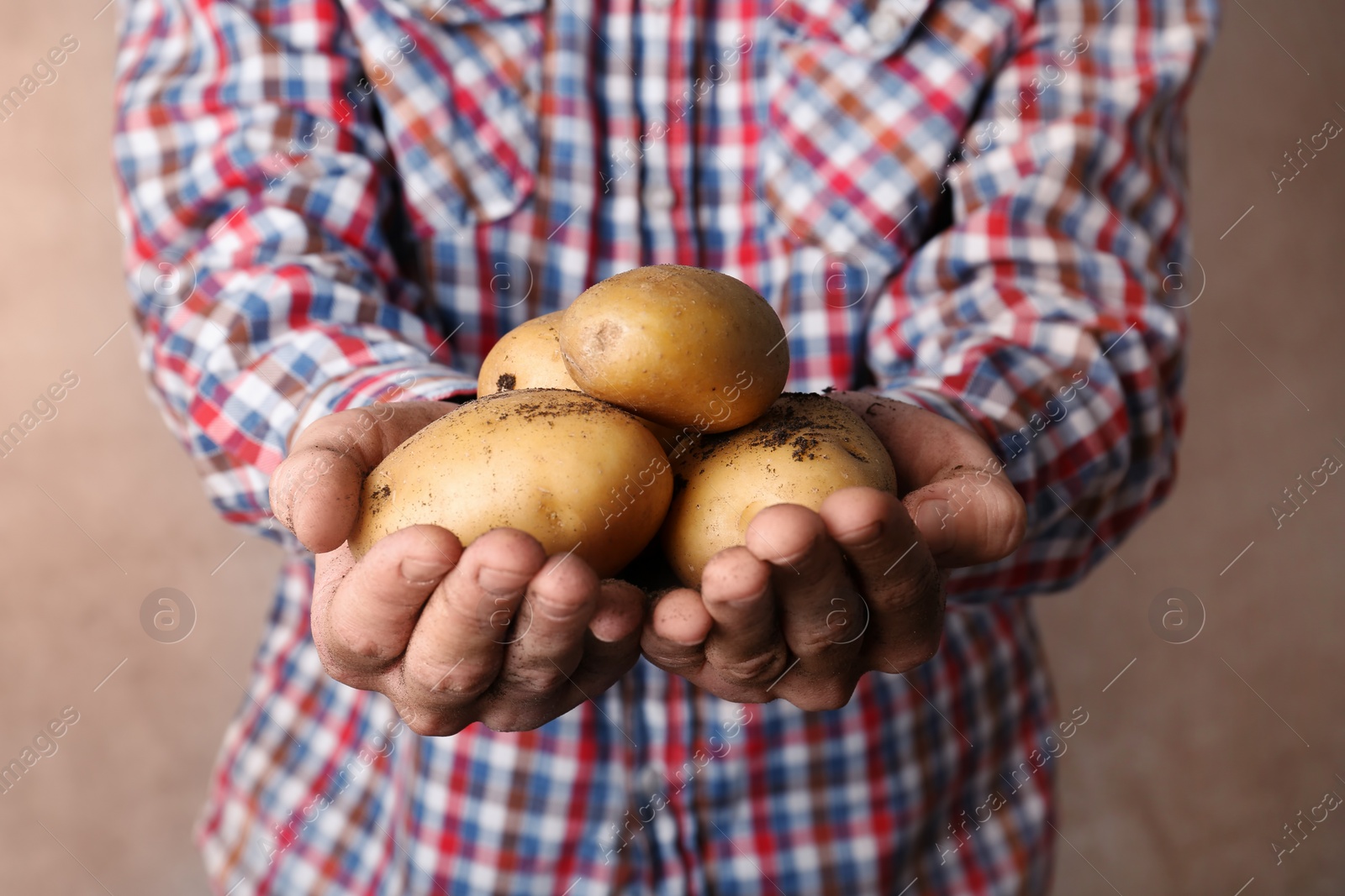 Photo of Person holding handful of fresh organic potatoes on color background