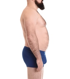 Overweight man isolated on white, closeup. Weight loss