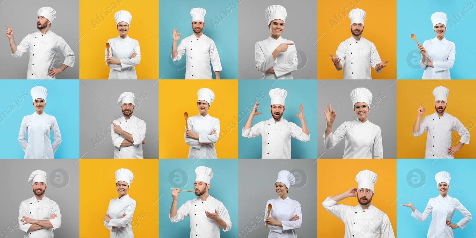 Image of Chefs in uniforms on different color backgrounds, collage design